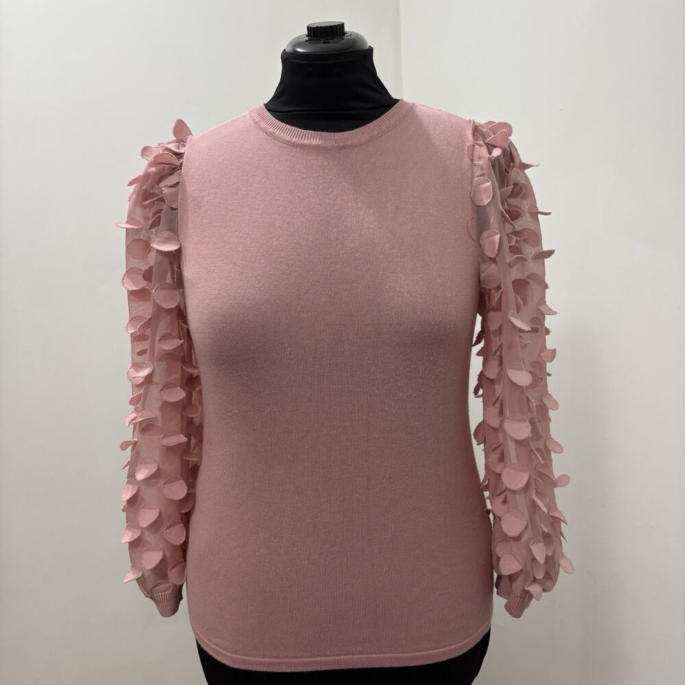 80 Twenty Womens PL Pink Sweater Sheer 3D Petal Sleeve Petite Large Pullover